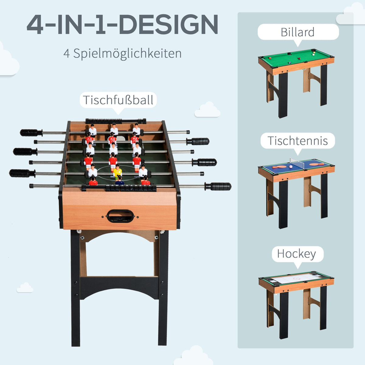 Multi-Game Table, 4-in-1 Football Hockey Table Tennis Billiards, MDF