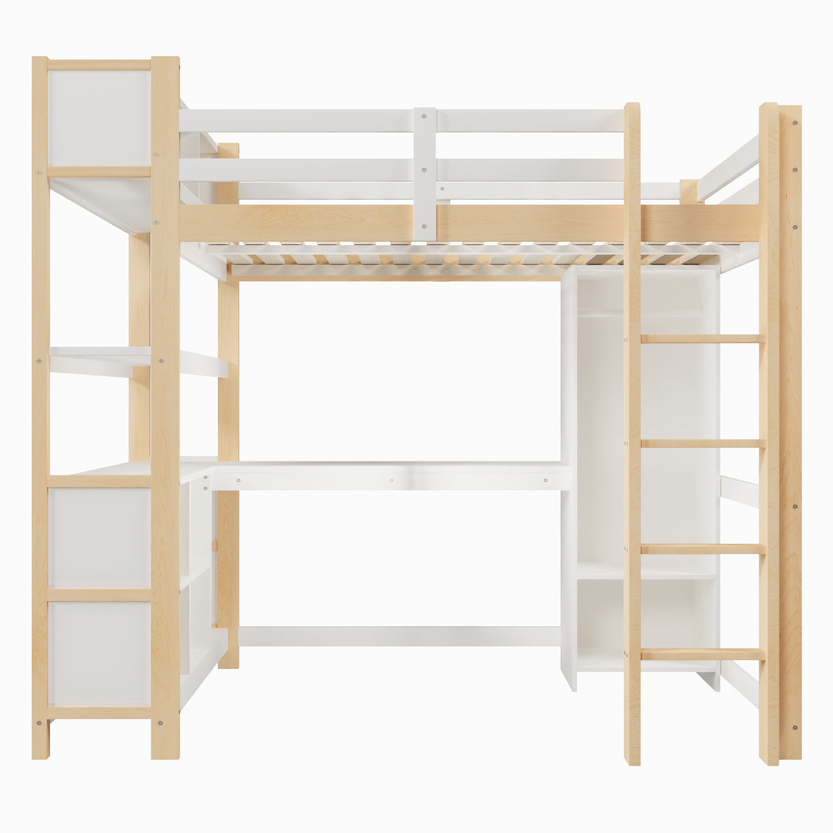 Loft Bed 140x200cm with Storage, Desk & Wardrobe, Natural