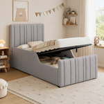 Upholstered Single Bed 90x200cm with Storage - Grey Linen