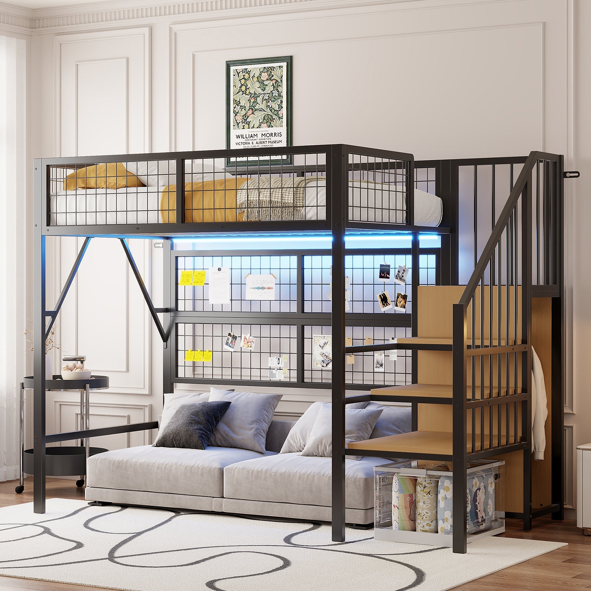 Metal Loft Bed 90x200 LED Lights Storage Stairs Wardrobe, Black