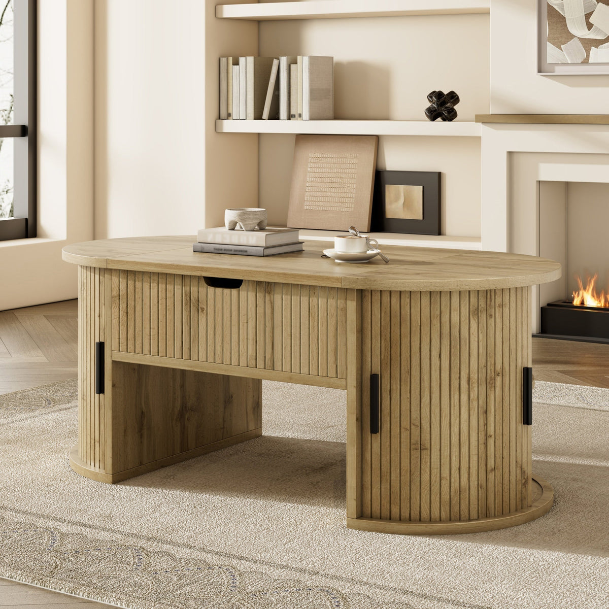 Modern Height-Adjustable Coffee Table with Hidden Storage and Sliding Doors, Wood