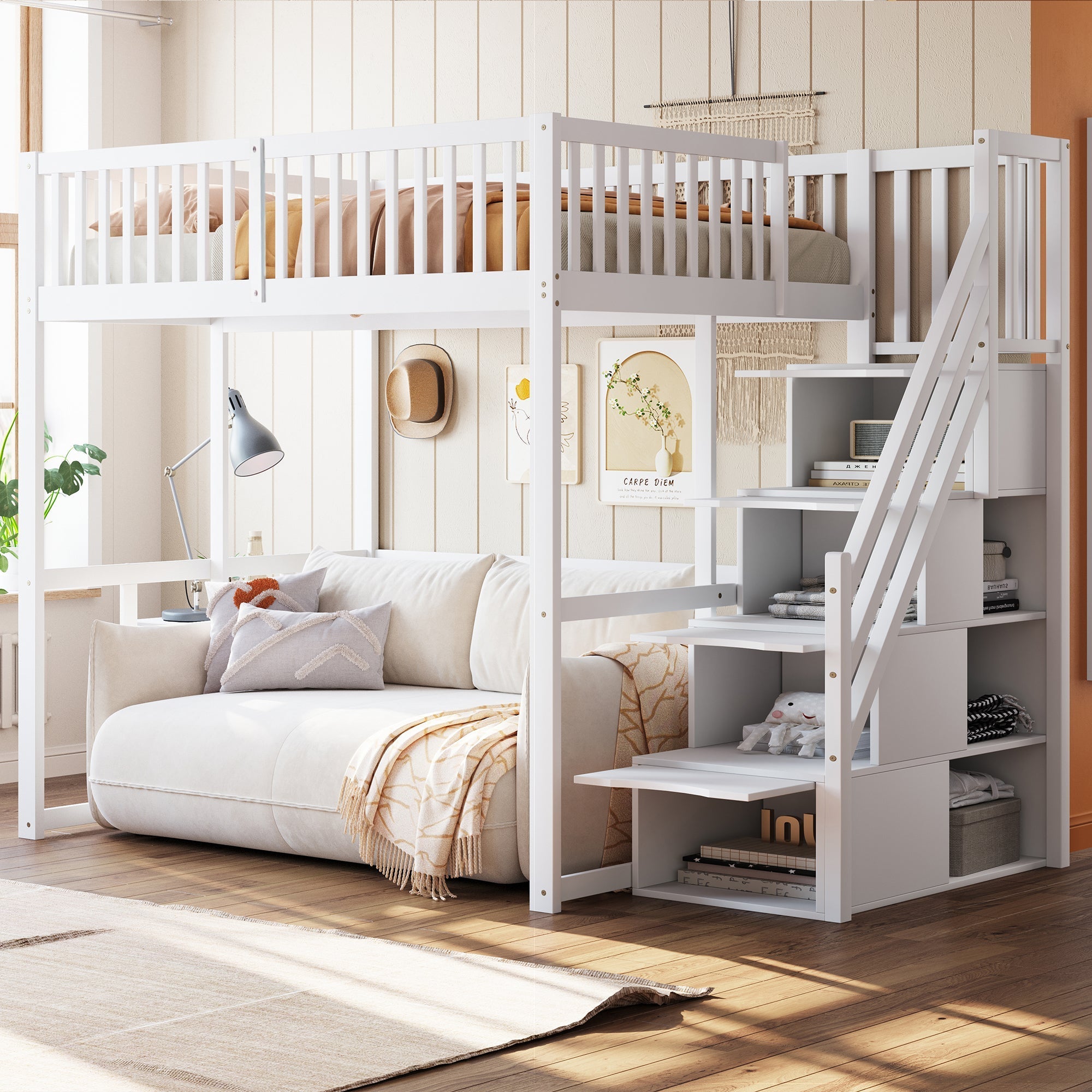 Loft Bed 140x200cm with Safety Storage Ladder and Railing, White Solid Pine Wood