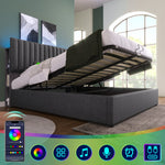 Upholstered Bed, Double, LED App-Control, USB-C Charging, Storage, Adjustable Headboard, Wood, Gray