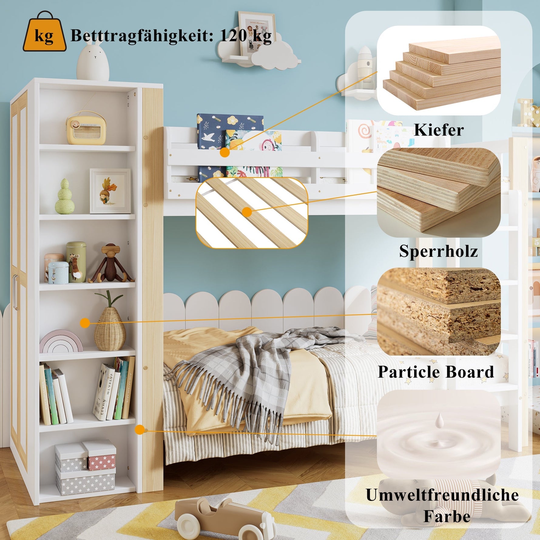 Bunk Bed, Child's with Ladder, Storage & Wardrobe, Pine+PB White+Natural