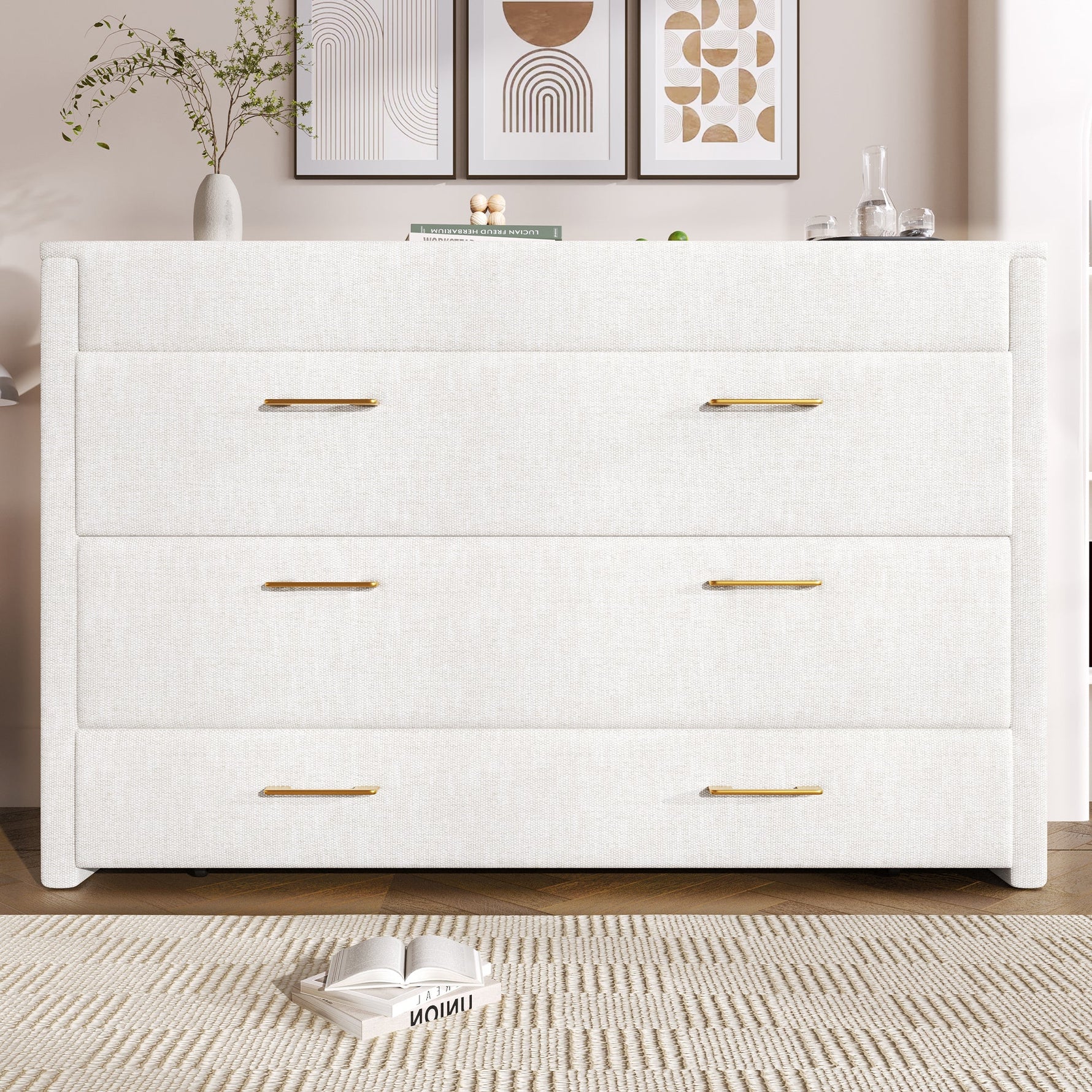 Wall Bed with Storage Drawer, USB Ports and Convertible Platform, Beige Linen