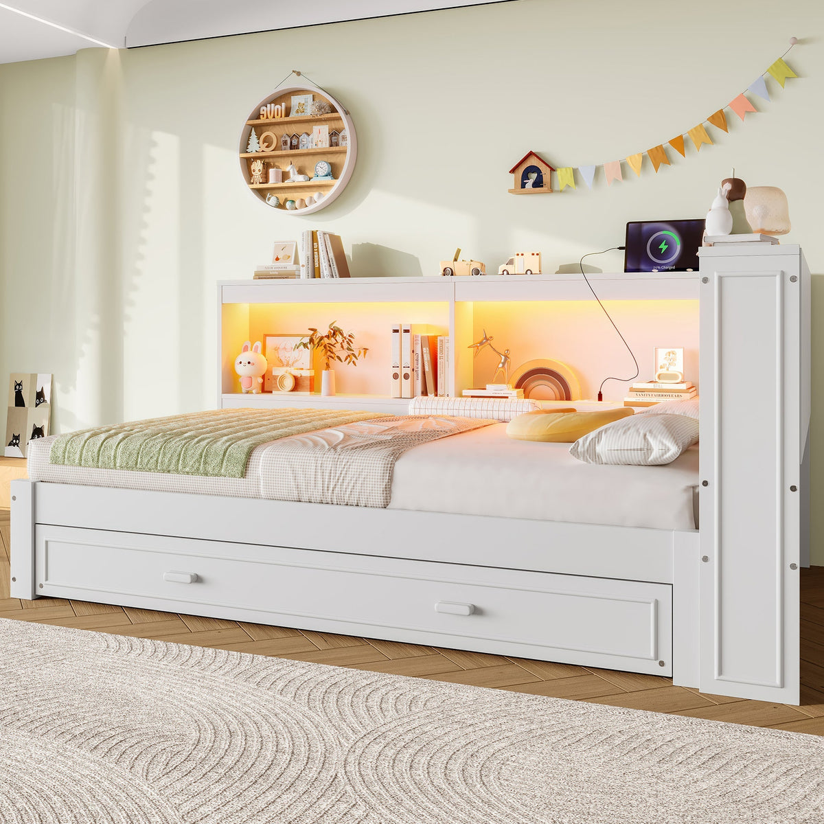 Daybed Sofa Bed, 90x200cm Pull-out LED/USB/Type-C Port, White