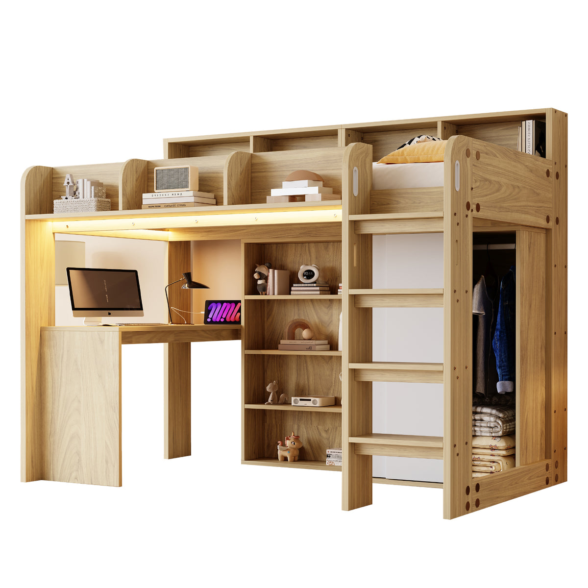 Multifunctional Loft Bed 90x200cm with Desk & Wardrobe, Wood