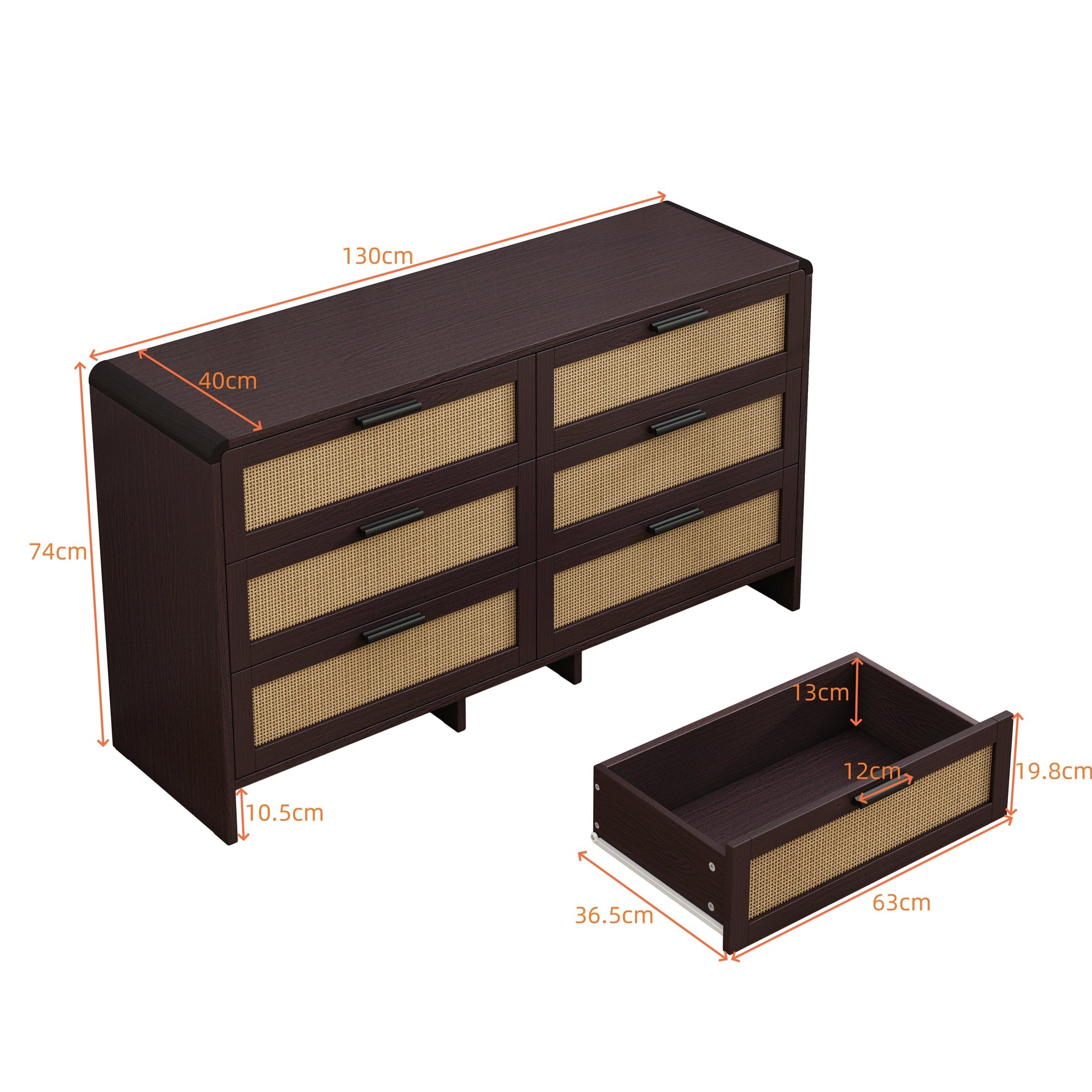 Rattan Cabinet, 130CM Arc Shaped Corner 6-Drawer Storage, Reddish-brown