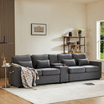 Sofa, Modern 4-Seater with Console, USB, Cupholders, Linen Fabric