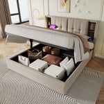 Double Bed, Wireless Charging USB C, Storage, 140x200cm, Wood-Natural Linen