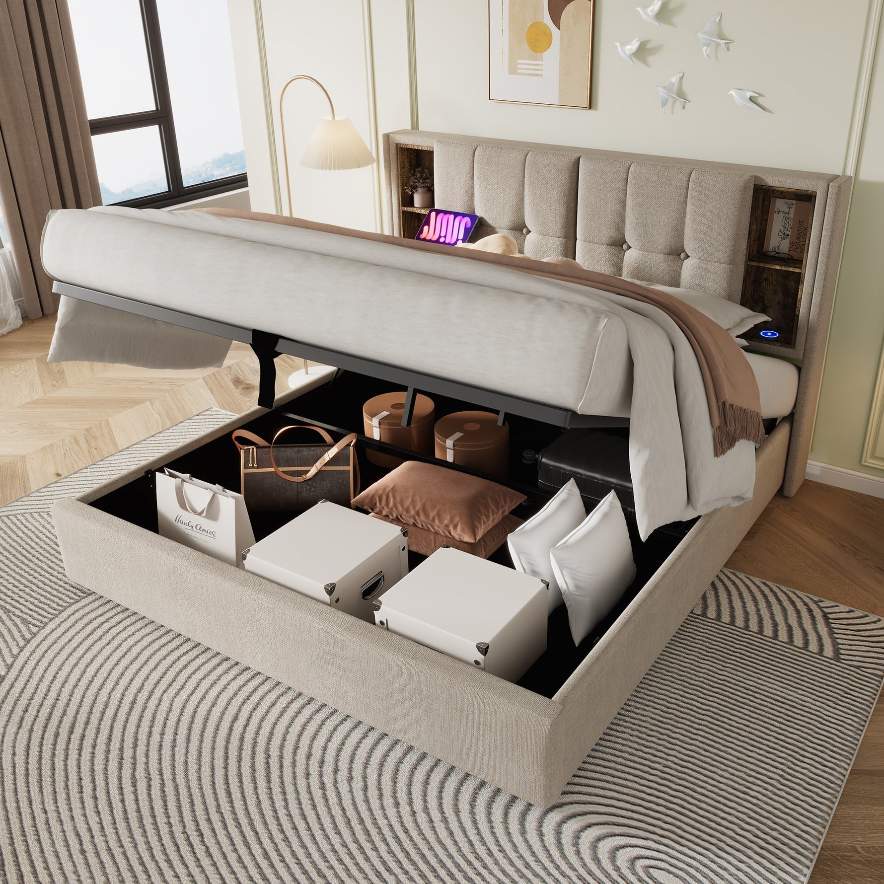 Double Bed, Wireless Charging USB C, Storage, 140x200cm, Wood-Natural Linen