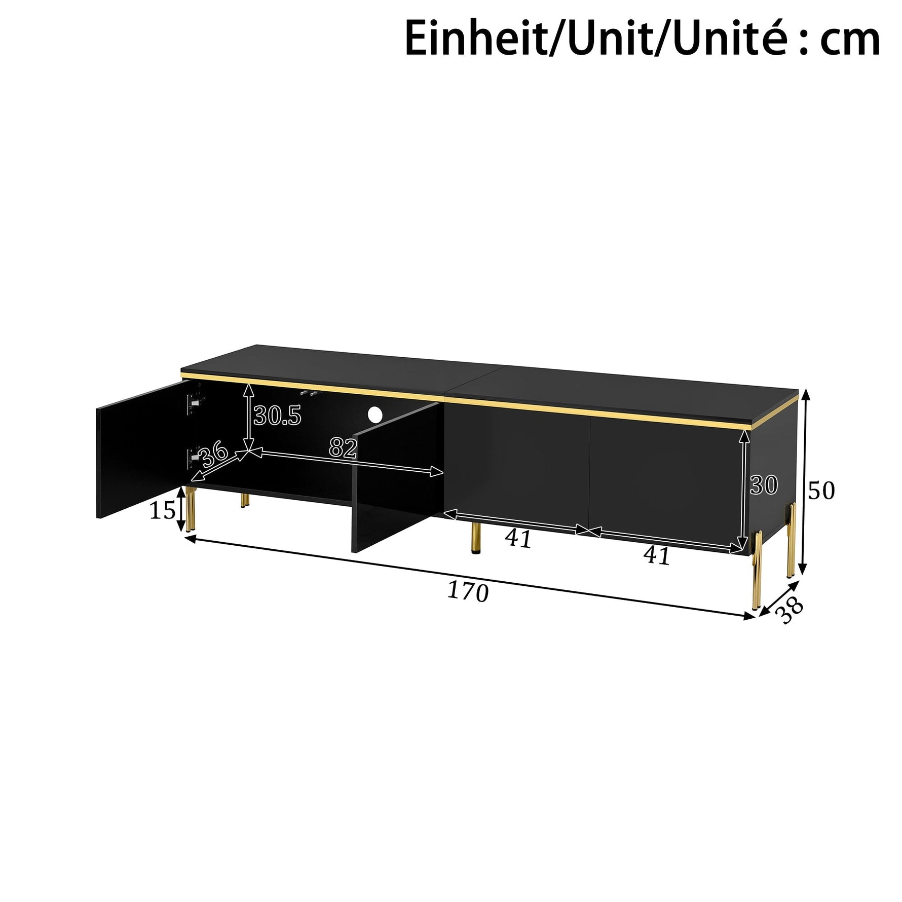TV Stand Modern High-Gloss Storage 4 Doors Gold Trim
