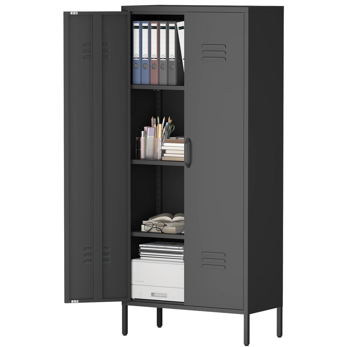 Metal Storage Cabinet with Doors and Adjustable Shelves, Black Metal