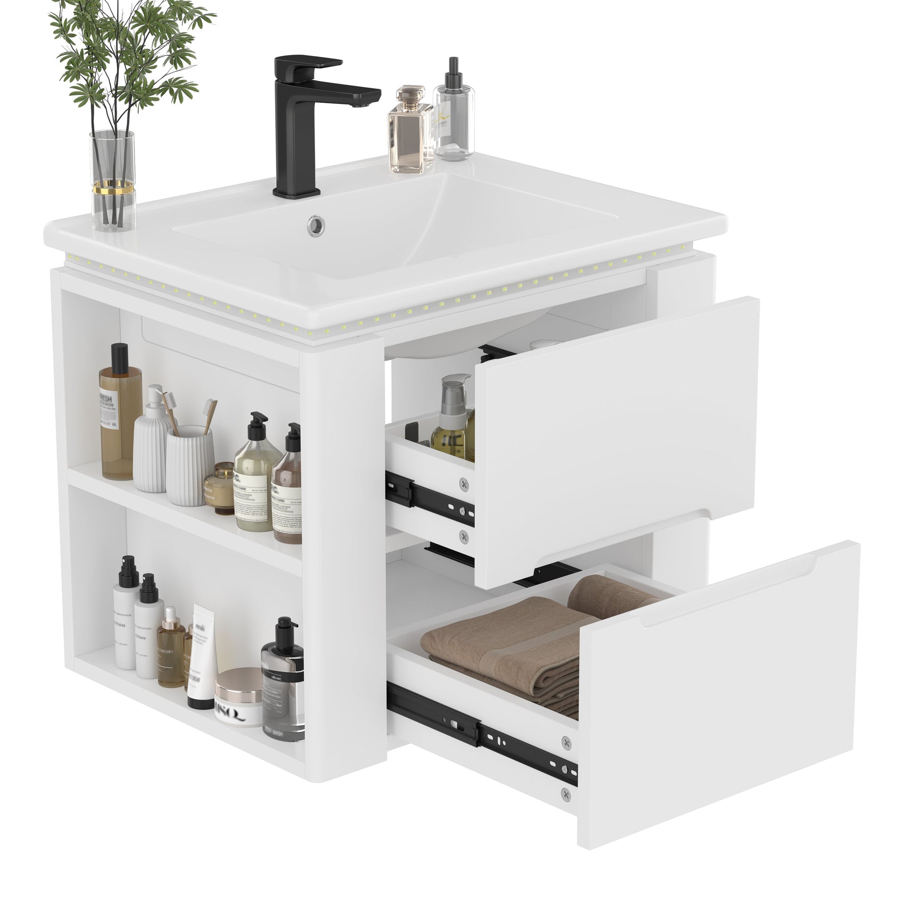 Wall-Mounted Bathroom Cabinet with LED Sensor Lighting and Integrated Sink, White