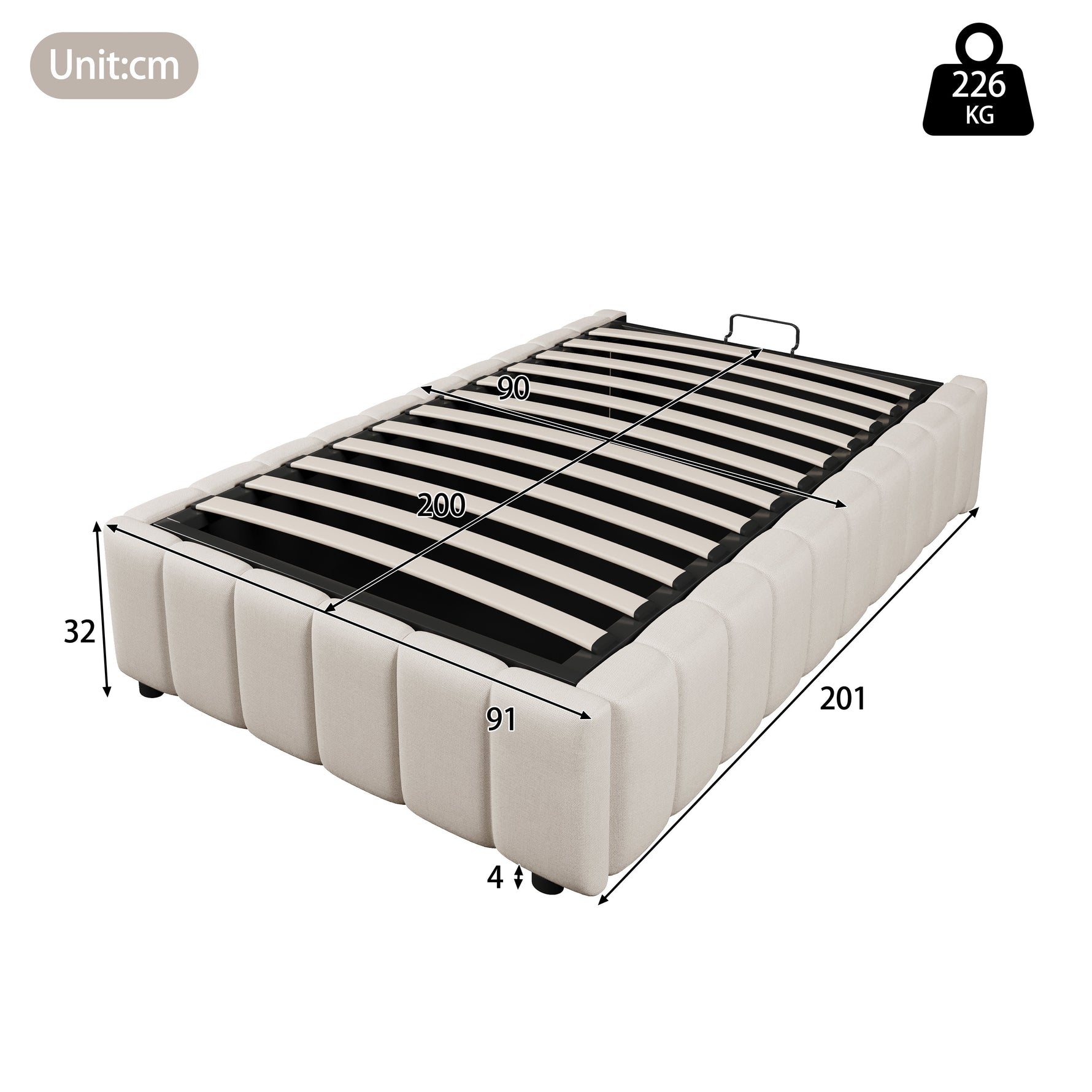 Upholstered Bed 90x200cm Hydraulic Storage - Beige