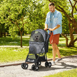 Dog Buggy Foldable Trolley with Cushion, Mesh Window, Grey Black Oxford Fabric