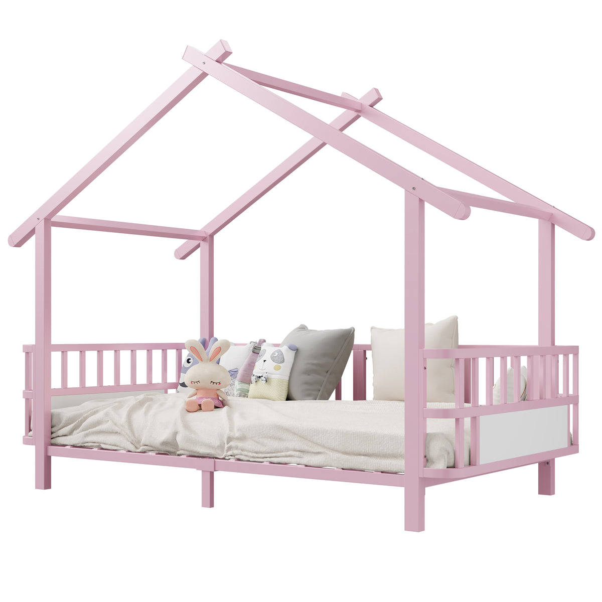 House Children's Bed Frame 90x200cm with Safety Rail, Pink Metal