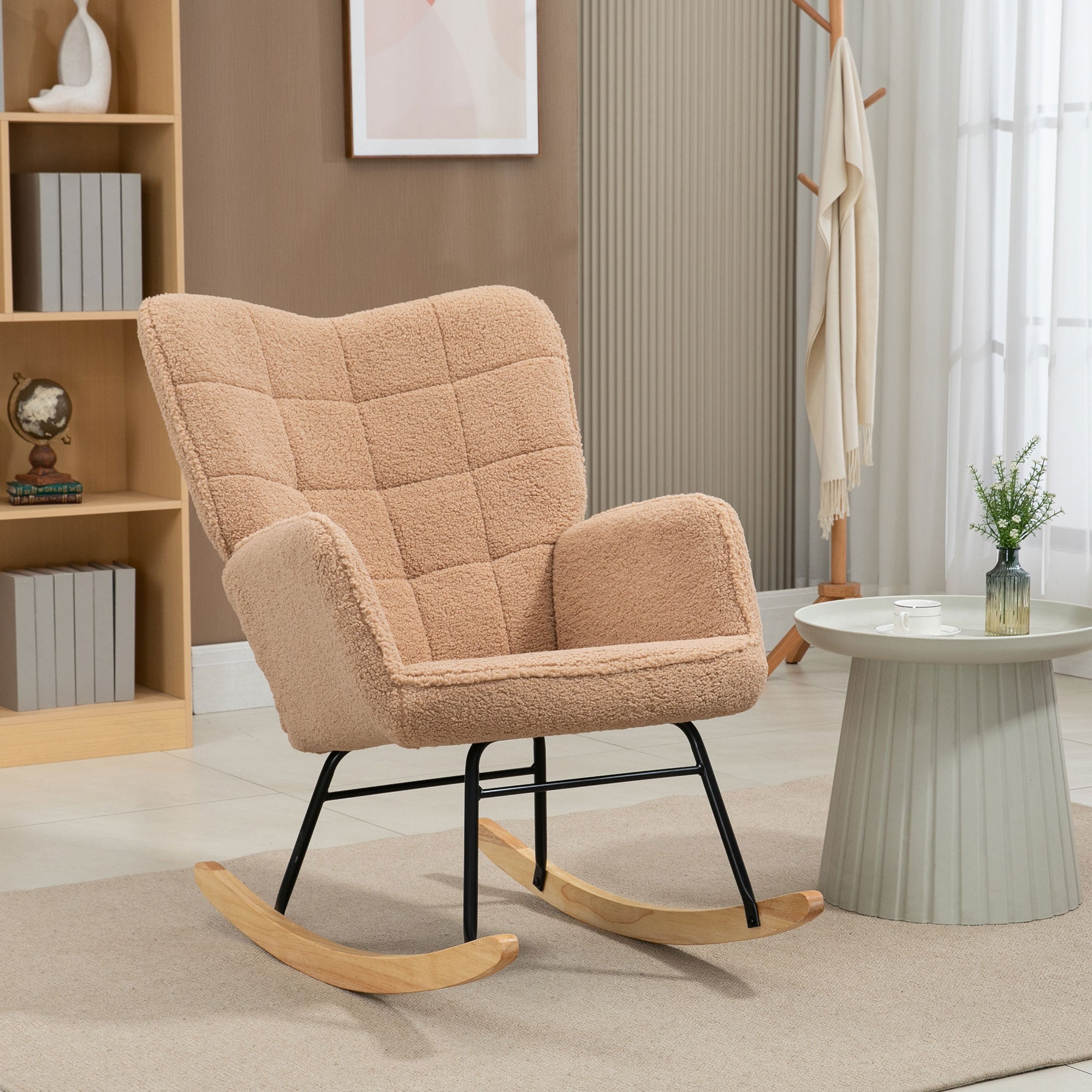 Rocking Chair Recliner Accent Chair Faux Lambskin, Brown