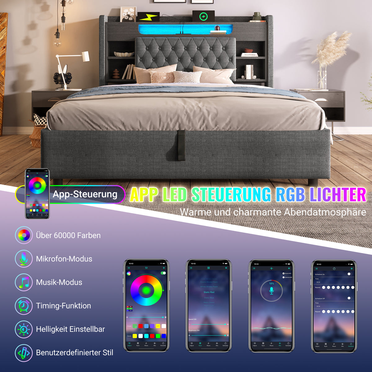 Upholstered Bed 90x200cm LED Hydraulic Storage Grey Linen