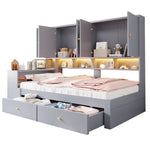 Multifunctional Bed 90x200cm with Desk, Storage & LED, Grey Wood