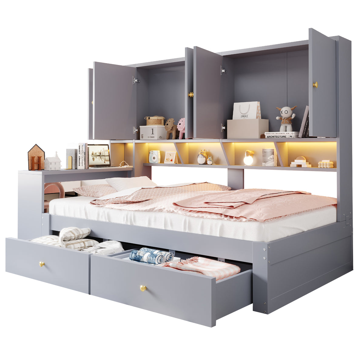Multifunctional Bed 90x200cm with Desk, Storage & LED, Grey Wood