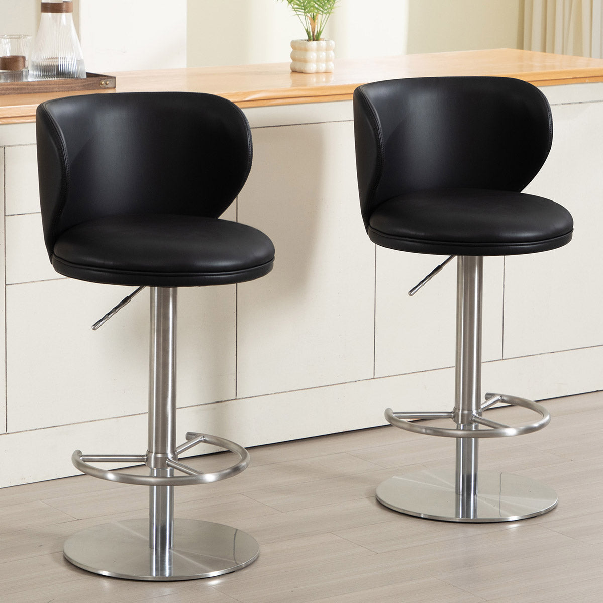 Bar Stools Modern Leather Swivel Adjustable Height Backrest - Black Titanium Stainless Steel