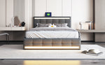 Upholstered Bed 140x200, LED, 4 Drawers, 2 USB Charging Stations, Linen Fabric Gray