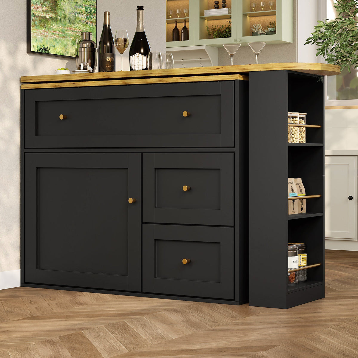 Extendable Bar Table with Storage and Snack Shelf, Black