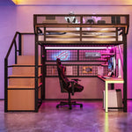 Metal Loft Bed with Desk, Shelf, Storage Net, LED and Socket, 140x200cm, Black Metal