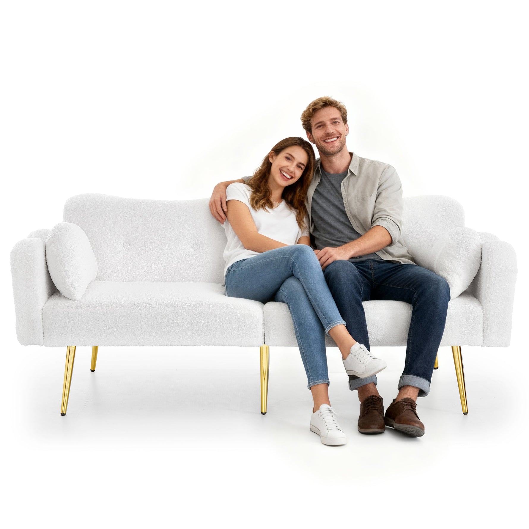 Two-Seater Sofa Bed Adjustable Backrest Gold Metal Feet