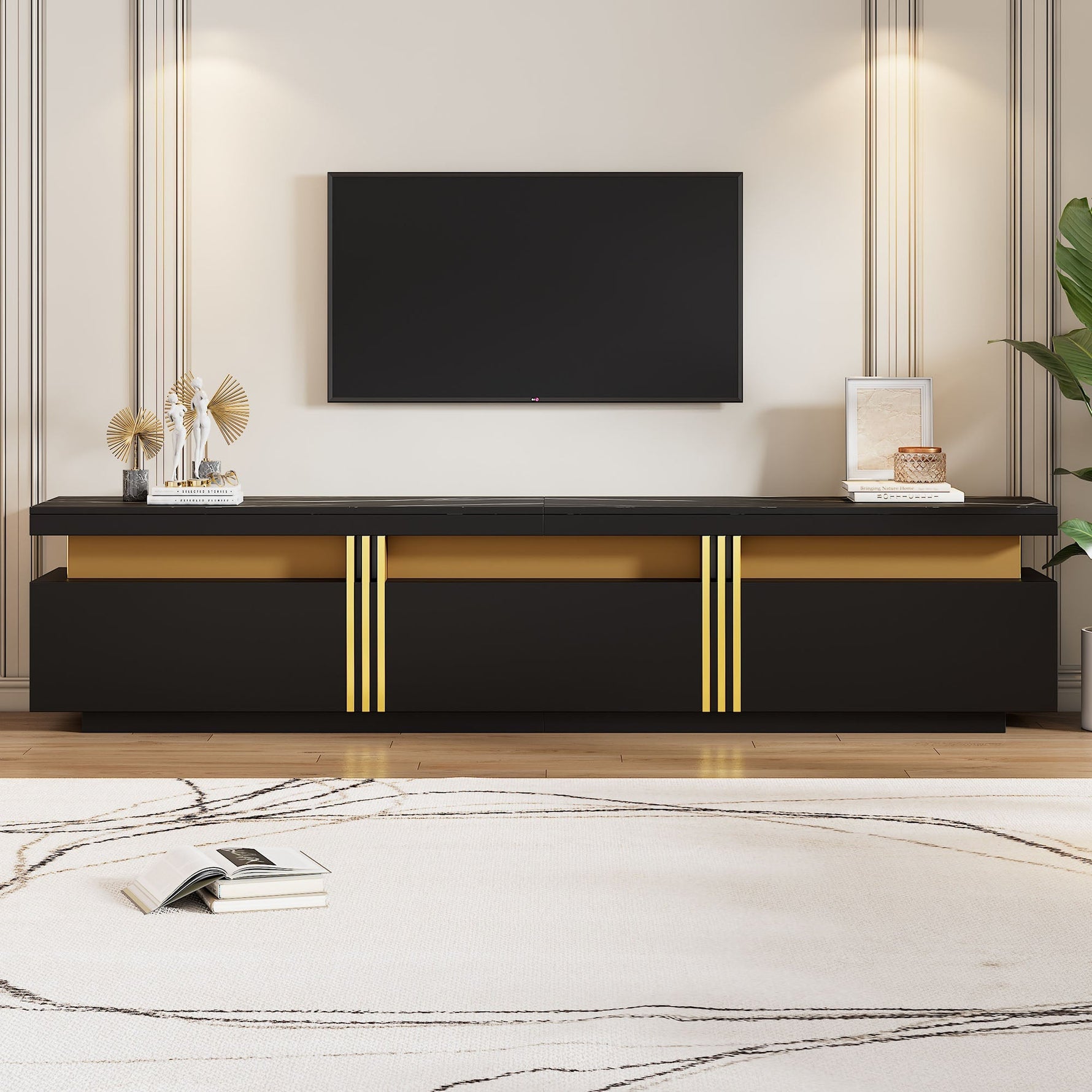 Lowboard TV Cabinet, Modern Marble Look with 3 Drawers, for up to 90-inch TVs