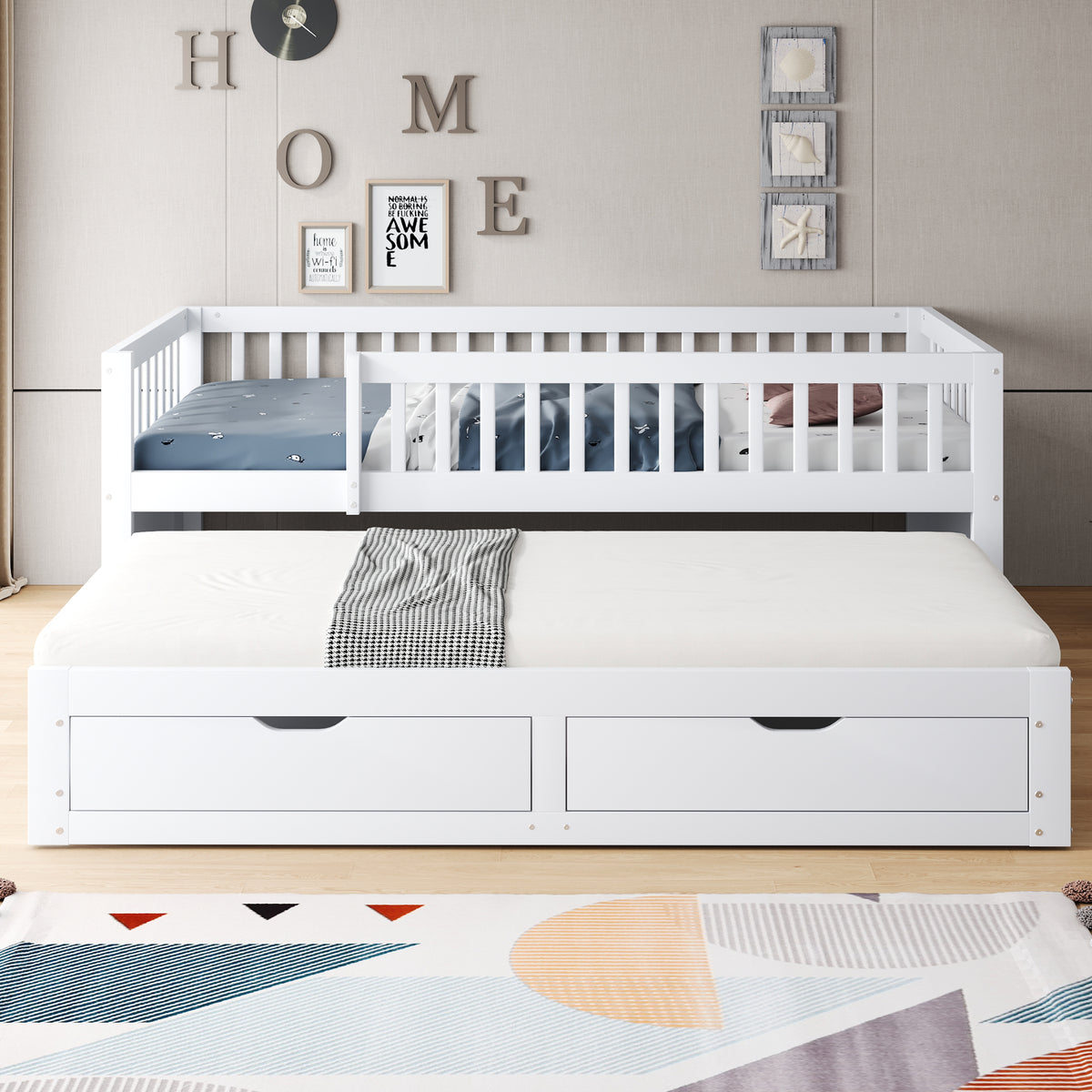 Solid Wood Sofa Bed 90x200cm with Pull-Out Bed & 2 Drawers, White