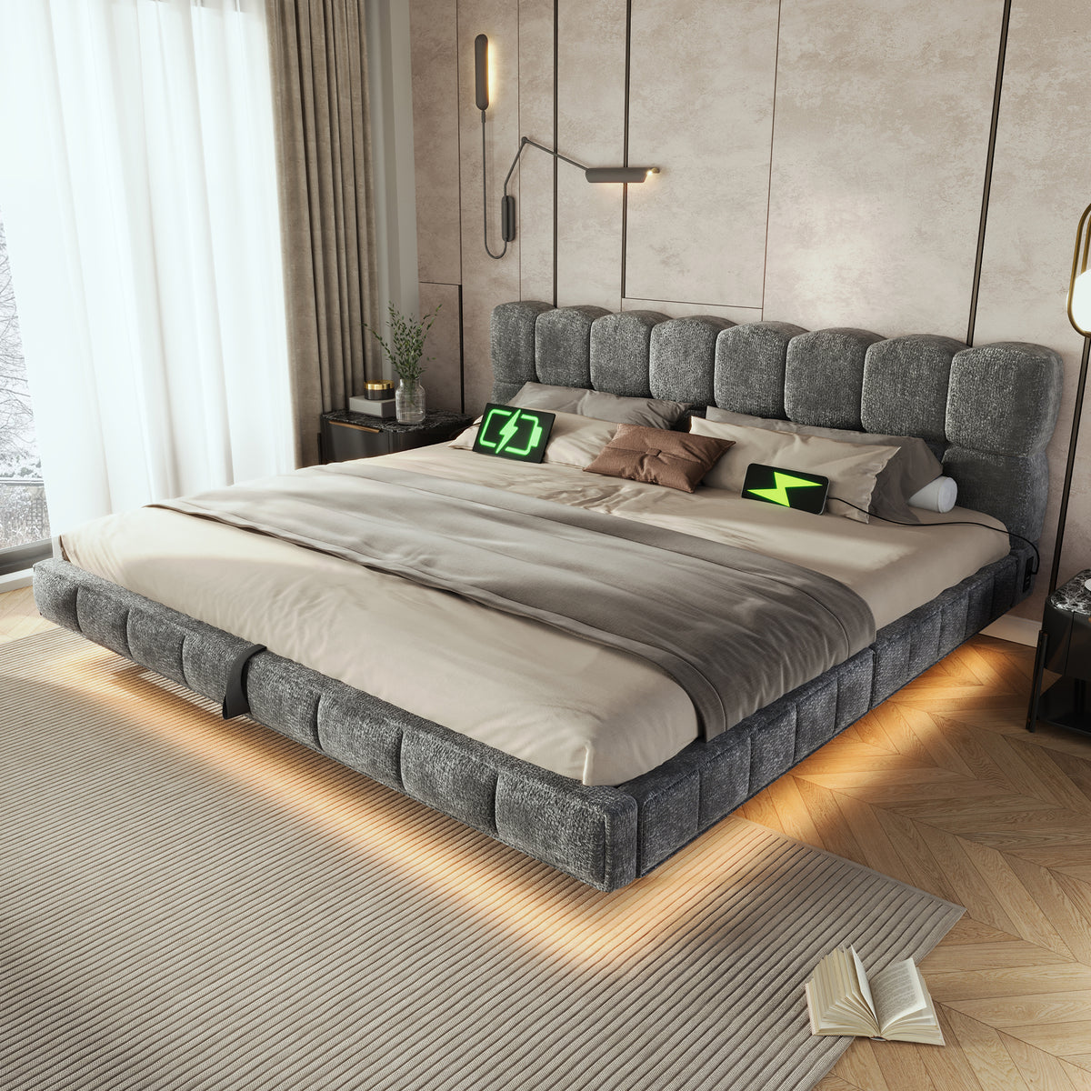 Upholstered Cloud Bed 180x200cm Hydraulic Storage LED, Grey Chenille