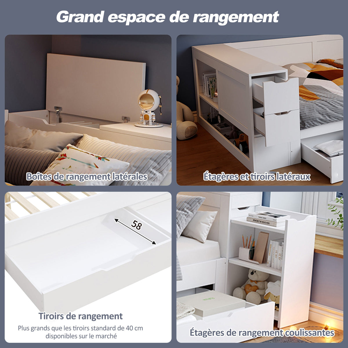 Lit Enfant Simple avec Tiroirs et Rangement, 90x190cm, Blanc