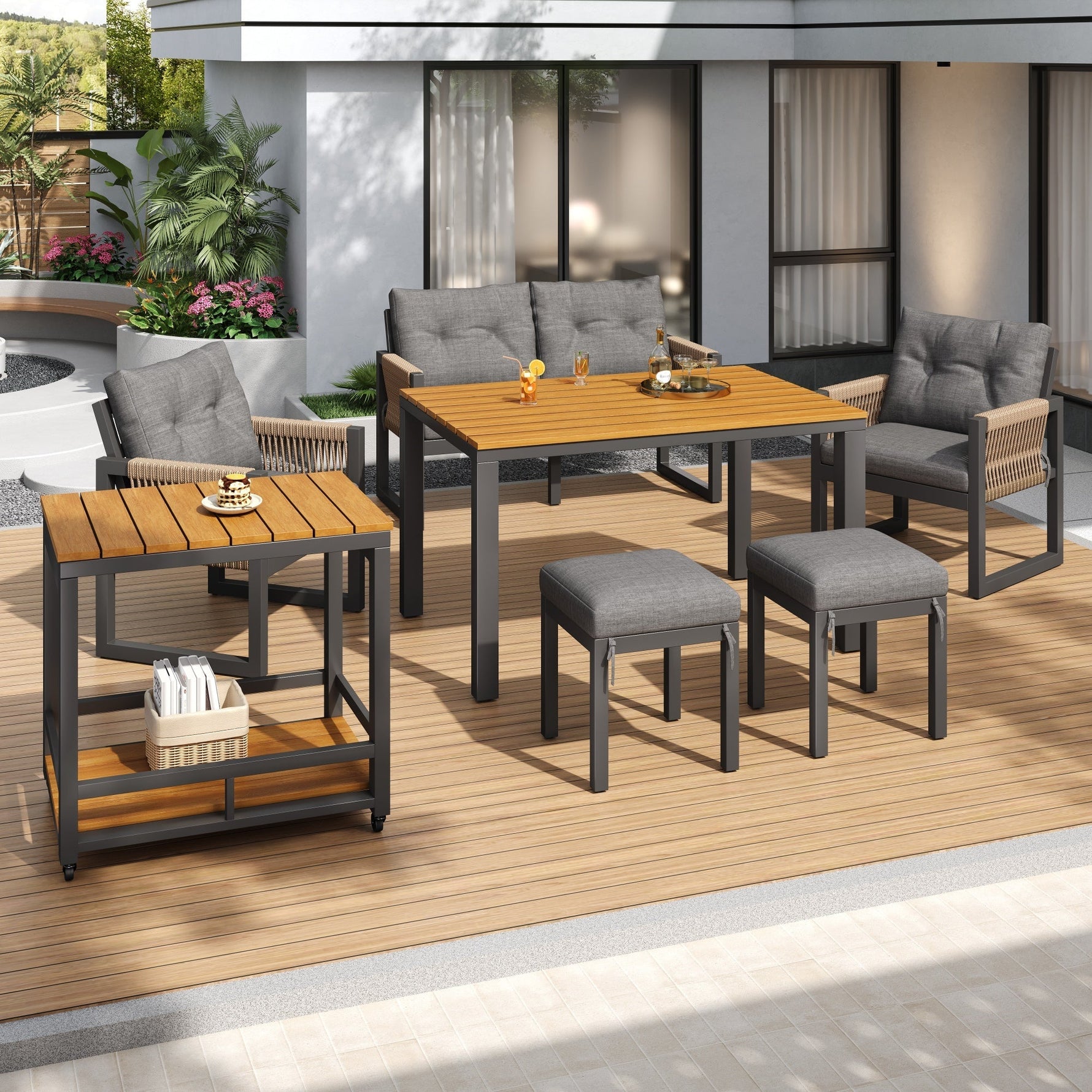 Outdoor Sofa Set with Woven Armrests, Cushions and Multifunctional Table, Iron Frame