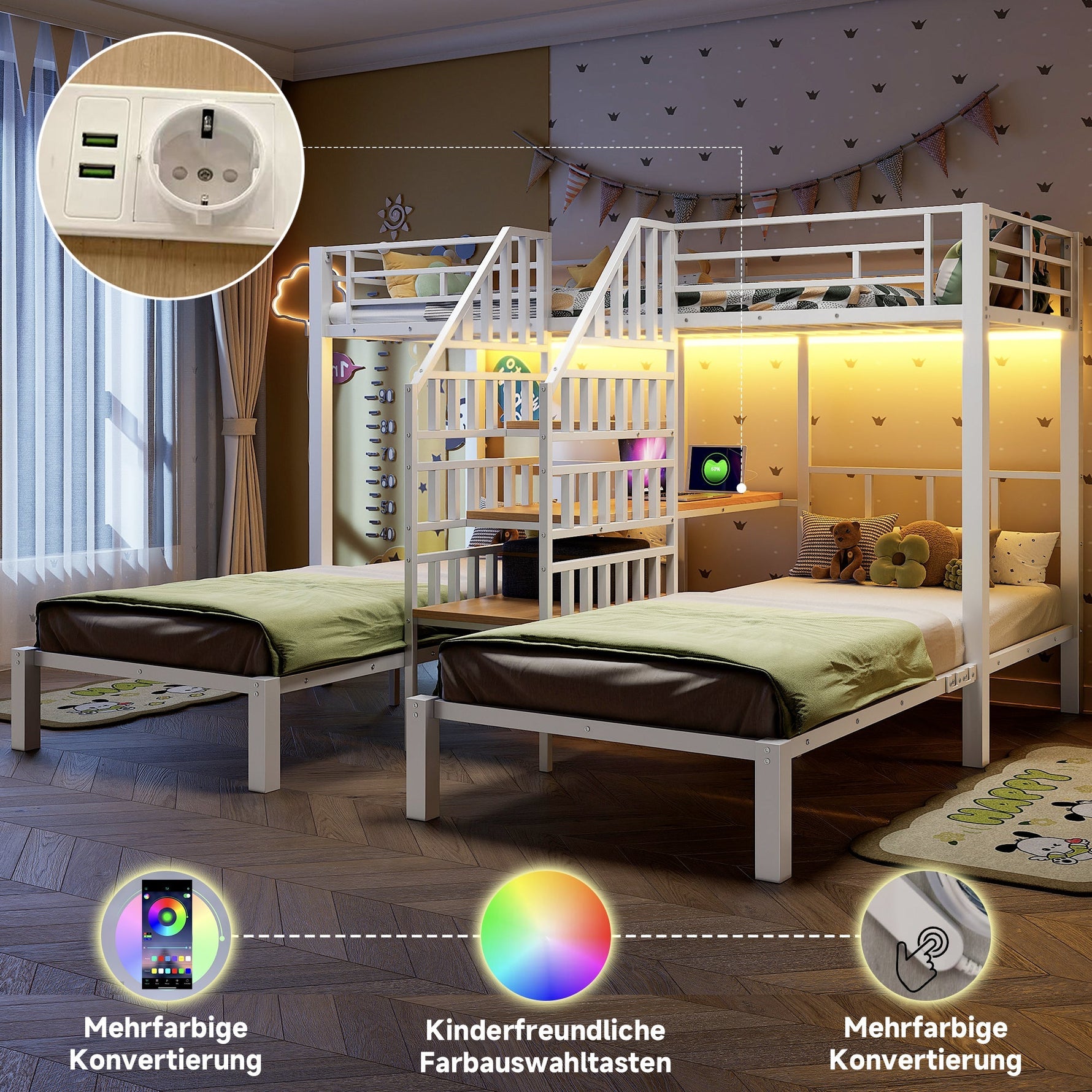 Bunk Bed with LED Lights, Integrated Storage Ladder, USB Ports and Desk, White