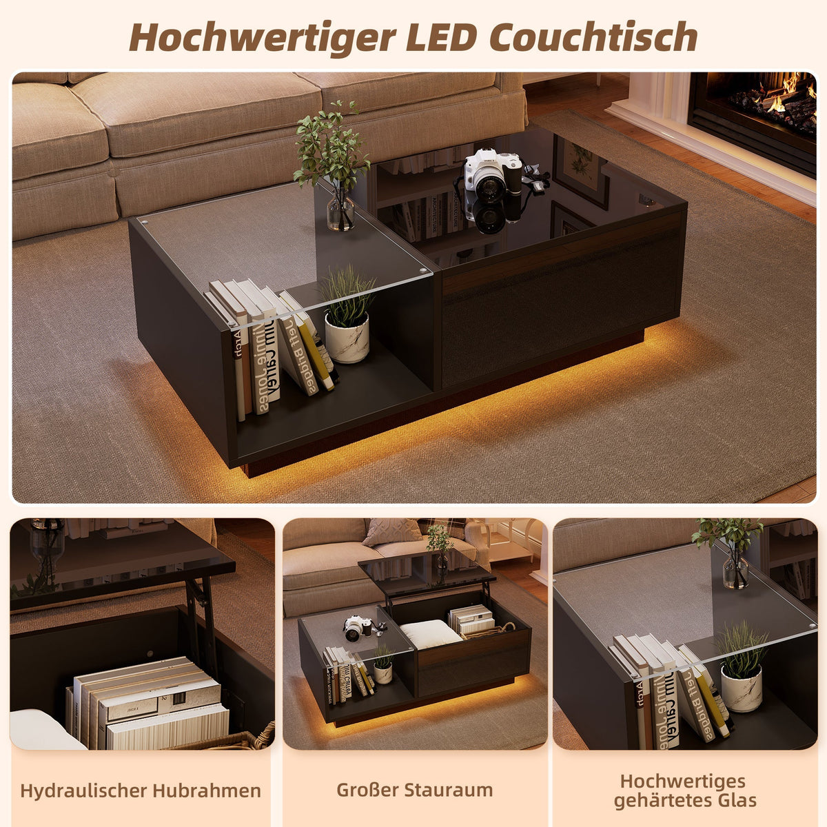 LED Coffee Table, Height-Adjustable with Hidden Storage and Shelf, High-Gloss