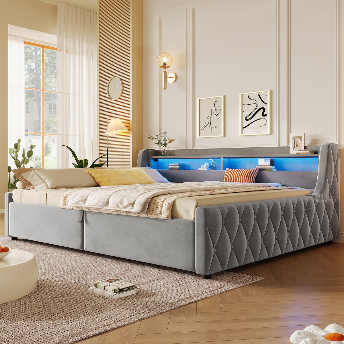 Platform Bed 140x200 with Hydraulic Storage & LED, Grey Velvet
