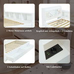 Single Panel Bed, Storage Headboard Lights Charging Drawers 90x200cm, White Pine/MDF