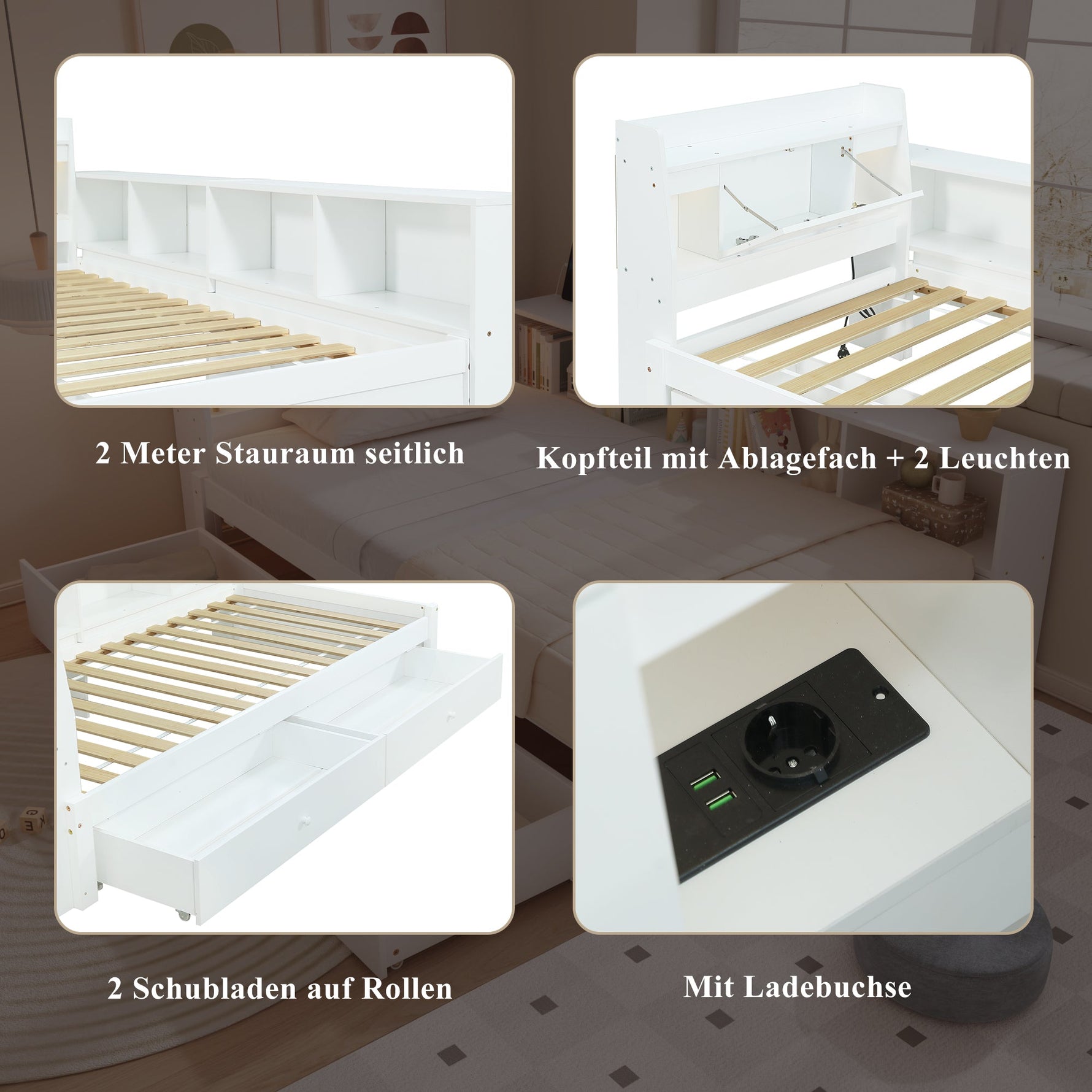 Single Panel Bed, Storage Headboard Lights Charging Drawers 90x200cm, White Pine/MDF