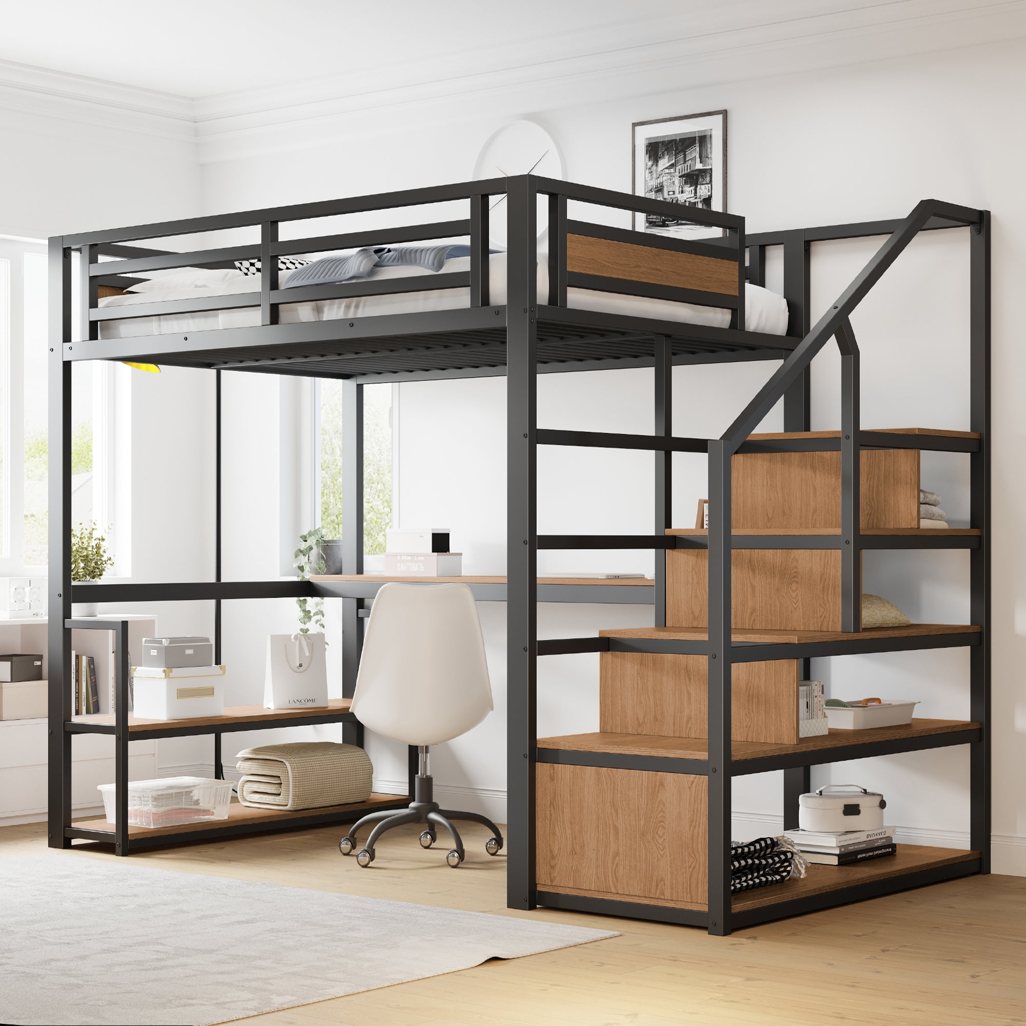 Metal Loft Bed 140x200cm, Storage Ladder, Shelves, Table, Safety Fence, Black