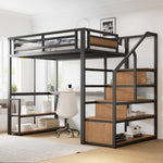 Metal Loft Bed 140x200cm, Storage Ladder, Shelves, Table, Safety Fence, Black