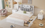 Double Bed, Open Shelf, 3 Drawers, Pine Frame, White+Grey