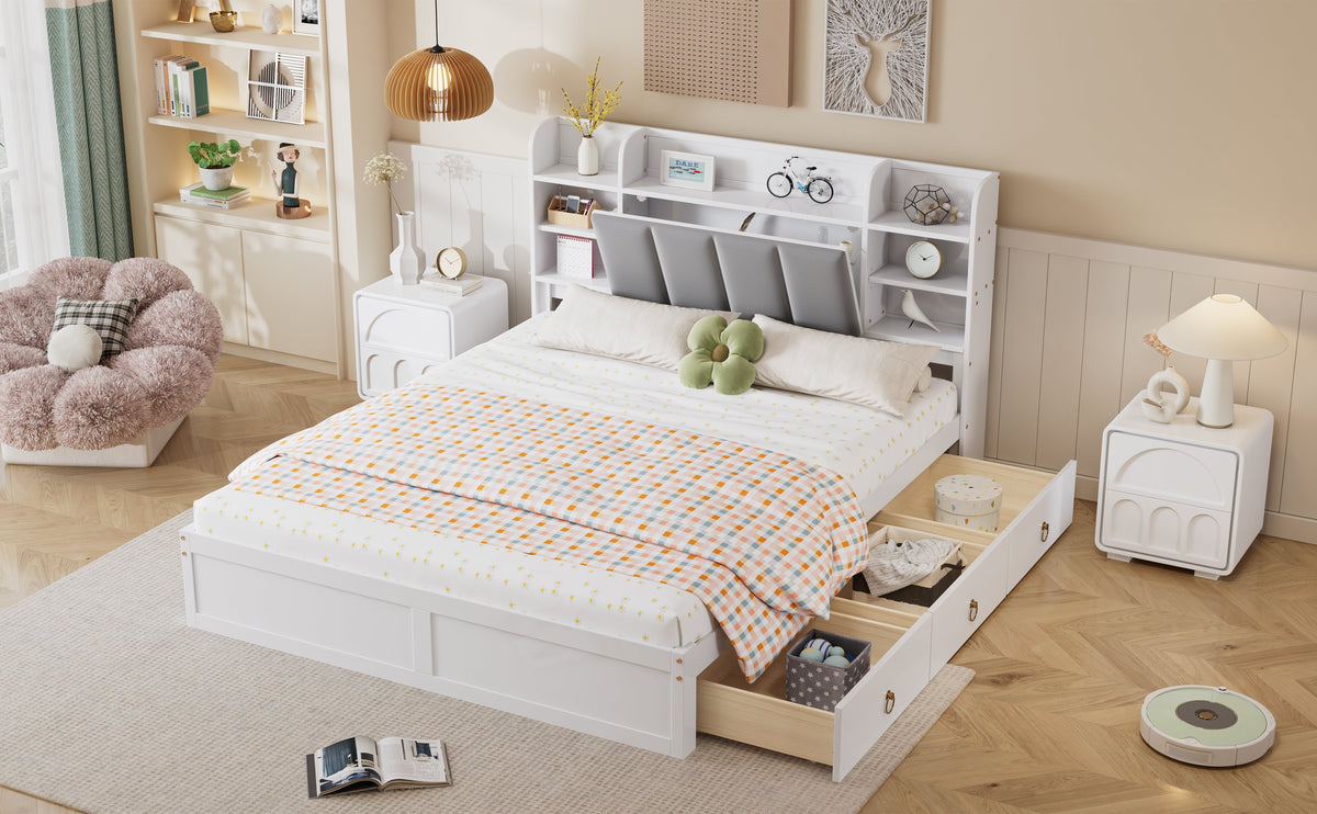Double Bed, Open Shelf, 3 Drawers, Pine Frame, White+Grey