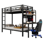 Bunk Bed 90x200 cm with Desk, Storage & LED Light, Black Iron Frame