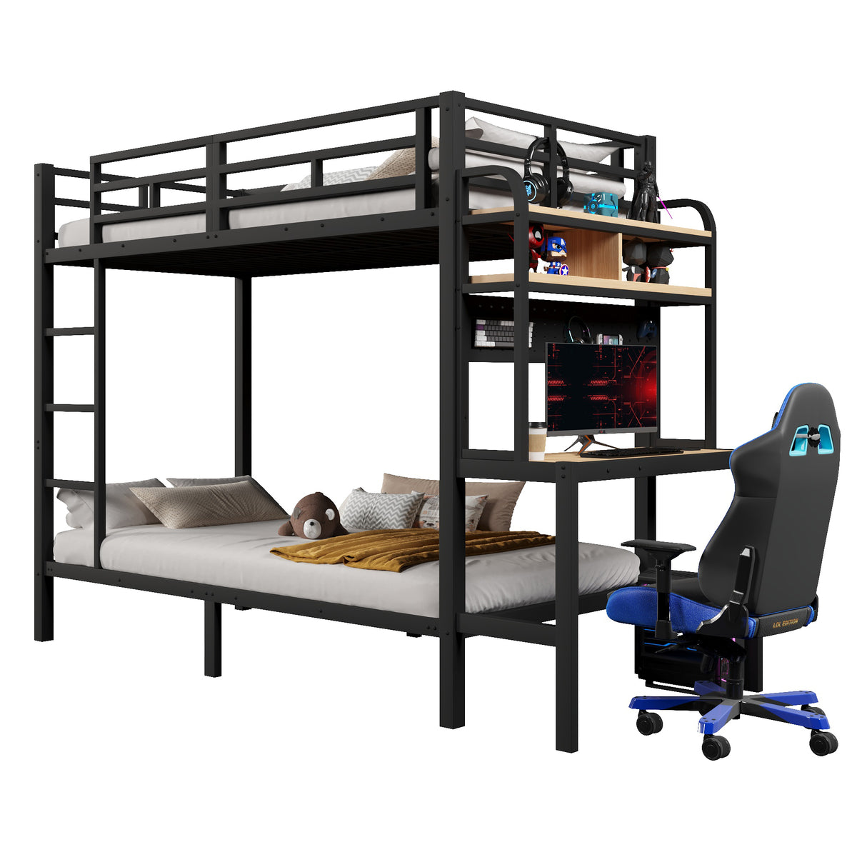 Bunk Bed 90x200 cm with Desk, Storage & LED Light, Black Iron Frame