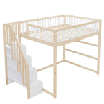 Children's Loft Bed 140x200 with Stairs Safety Railing Star & Moon Decor Solid Wood