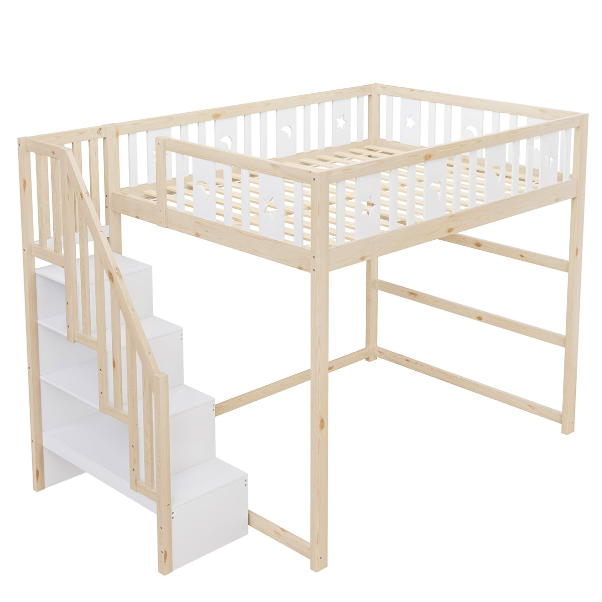 Children's Loft Bed 140x200 with Stairs Safety Railing Star & Moon Decor Solid Wood