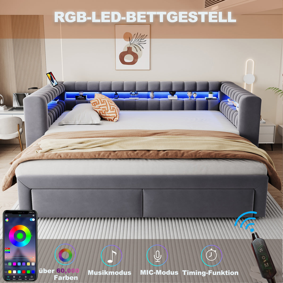 Upholstered Sofa Bed with Drawers & LED, Dark Grey Velvet