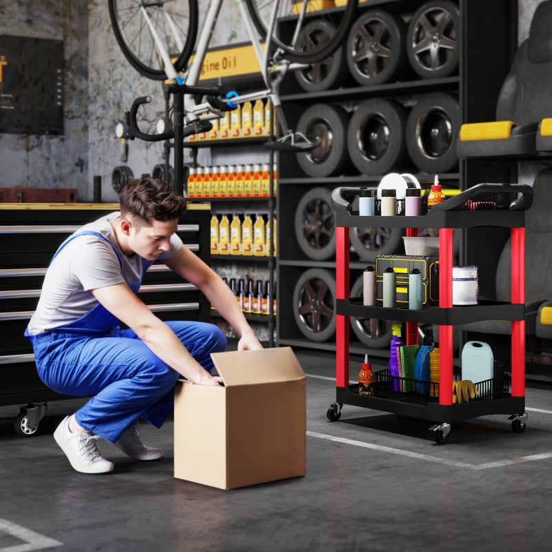 Workshop trolley 3 levels, tool trolley with handle, 91 kg load capacity, red + black